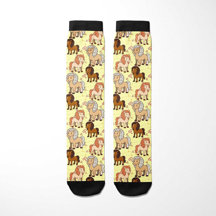 Leo Zodiac boot socks with colorful lion and horse pattern, made in USA, one size fits most