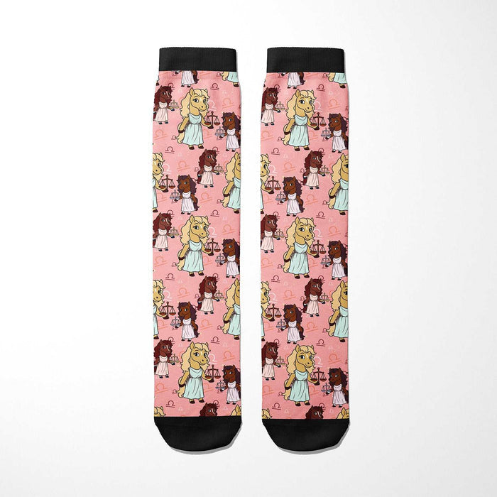 Limited edition Libra zodiac themed boot socks with pink background and cartoon equestrian characters