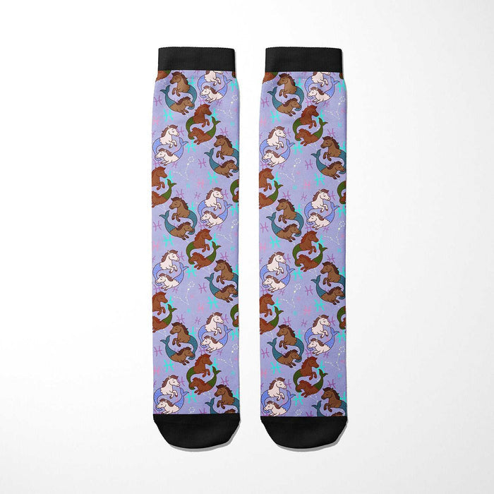 Limited edition Pisces zodiac boot socks with horse pattern, made in the USA, one size fits most, cotton blend.
