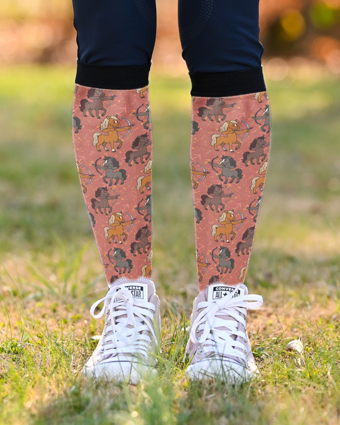 Limited edition Sagittarius zodiac boot socks for horseback riding with adventurous design