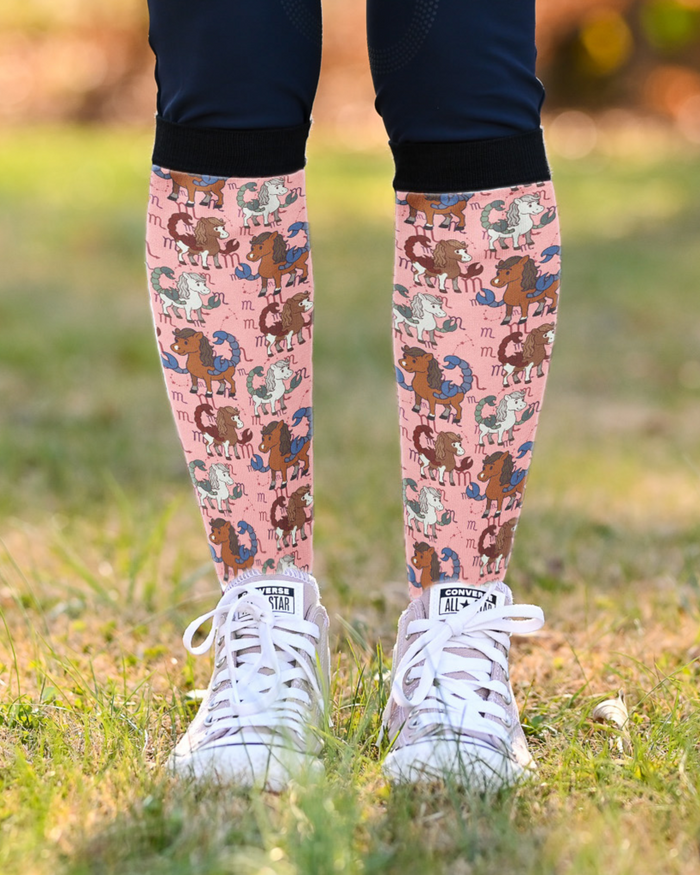 Limited edition Scorpio zodiac boot socks with unique designs, made in USA riding boot socks.