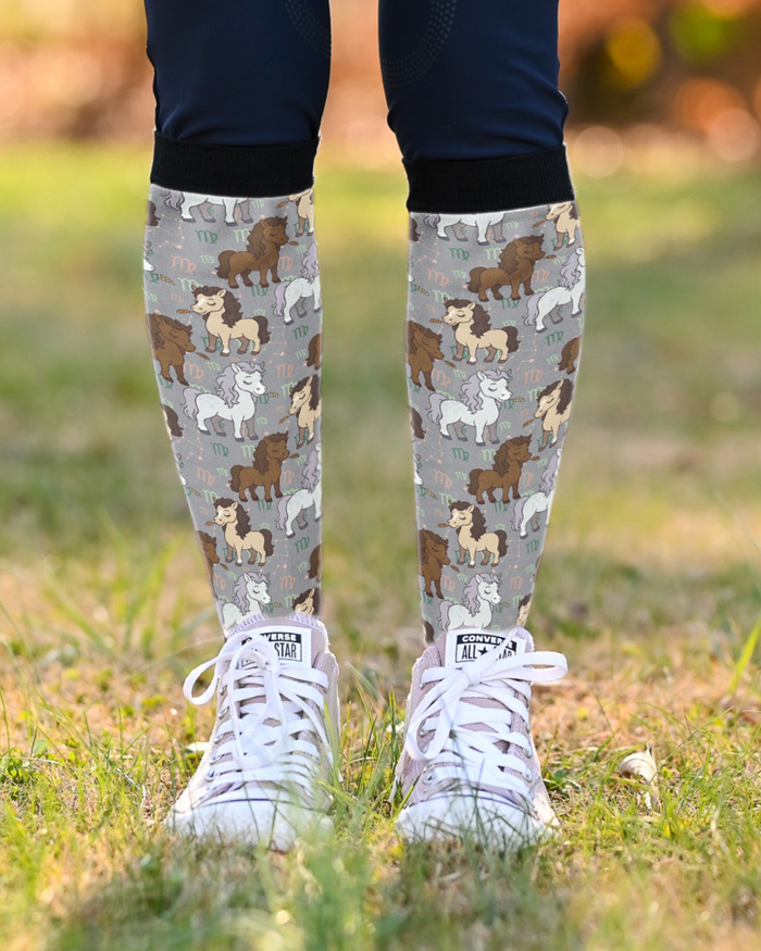 Limited edition Virgo zodiac boot socks with horse and riding theme, made in USA