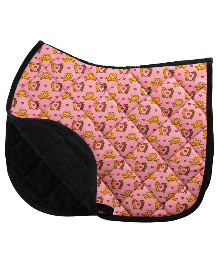 Long Dogs all-purpose saddle pad in Pink, close-up of the pattern and stitching, by Dreamers & Schemers