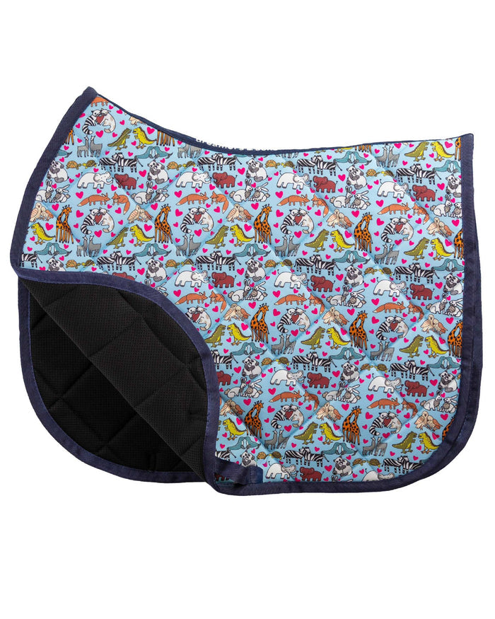 Love Ya Always all-purpose saddle pad with heart love print in Light Blue, close-up of the pattern and stitching, by Dreamers & Schemers
