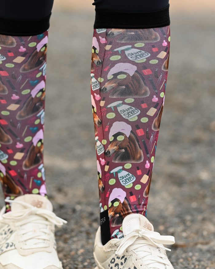 Mani Pedi Pair & a Spare boot socks worn on the calf, deep maroon with horses in spa turbans and cucumber slices