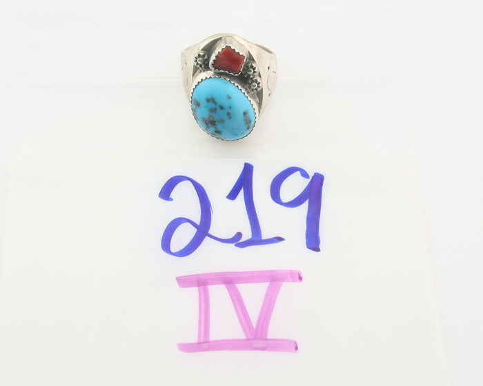 Men Heavy Navajo Ring 925 Sterling Natural Coral & Turquoise C.80's Size 12.25