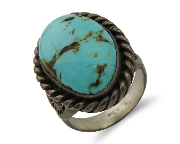 Men Navajo Ring 925 Silver Natural Slab Turquoise Signed Sunset C.80's