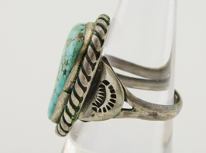 Men Navajo Ring 925 Silver Natural Slab Turquoise Signed Sunset C.80's