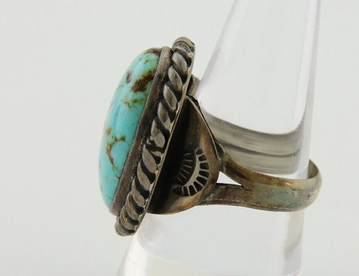 Men Navajo Ring 925 Silver Natural Slab Turquoise Signed Sunset C.80's