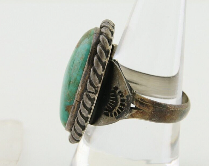 Men Navajo Ring 925 Silver Natural Slab Turquoise Signed Sunset C.80's