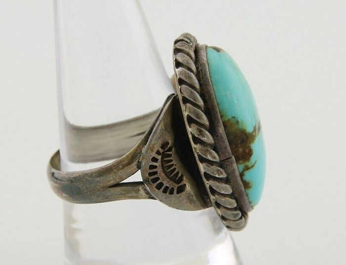 Men Navajo Ring 925 Silver Natural Slab Turquoise Signed Sunset C.80's