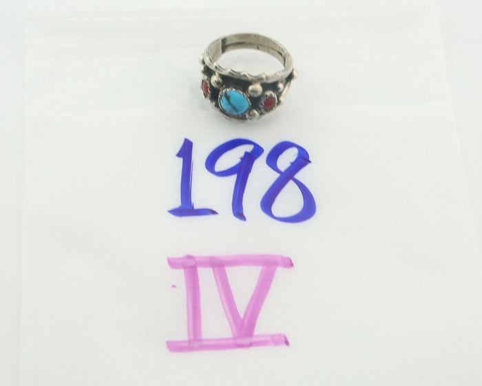 Men Navajo Ring 925 Sterling Natural Coral & Turquoise Signed C C.80's Size 8.0
