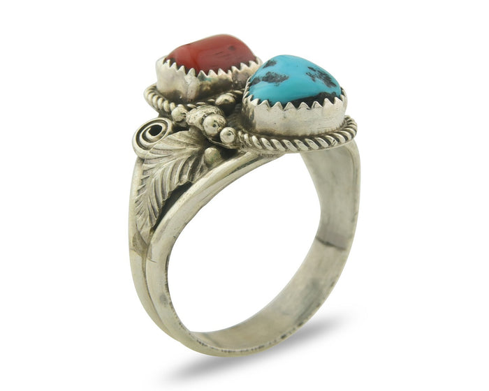 Men Navajo Ring 925 Sterling Natural Coral & Turquoise Signed JM C.80's Size 13