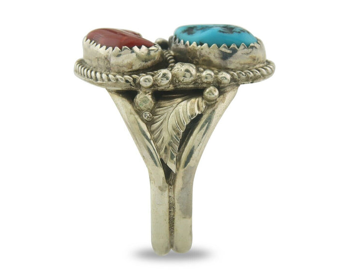 Men Navajo Ring 925 Sterling Natural Coral & Turquoise Signed JM C.80's Sz 11.5