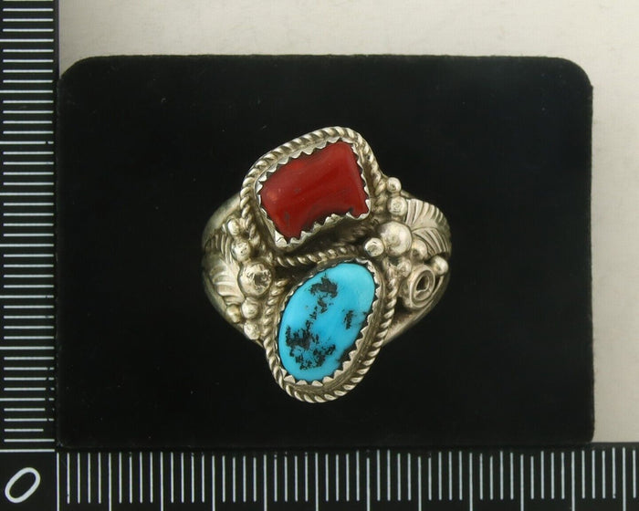 Men Navajo Ring 925 Sterling Natural Coral & Turquoise Signed JM C.80's Sz 11.5