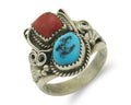 Men Navajo Ring 925 Sterling Natural Coral & Turquoise Signed JM C.80's Sz 12.25