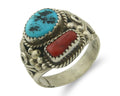 Men Navajo Ring 925 Sterling Natural Coral & Turquoise Signed JM C.80's Sz 12.5