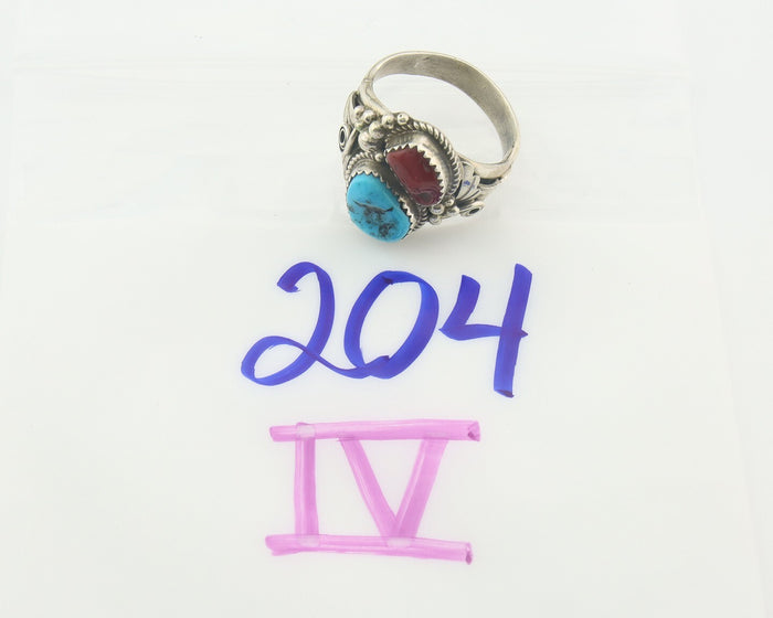Men Navajo Ring 925 Sterling Natural Coral & Turquoise Signed JM C.80's Sz 12.75