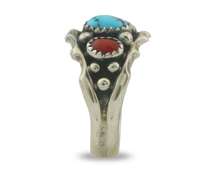 Men Navajo Ring 925 Sterling Natural Coral & Turquoise Signed SC C.80's Sz 11.75