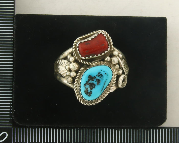 Men Navajo Ring 925 Sterling Silver Natural Coral & Turquoise Signed JM C.80's