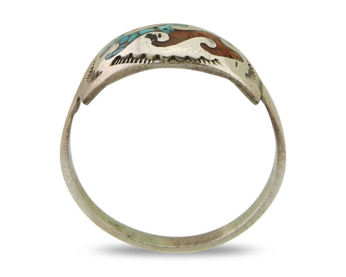 Men Navajo Wave Ring 925 Silver Coral & Turquoise Native Artist C.80's