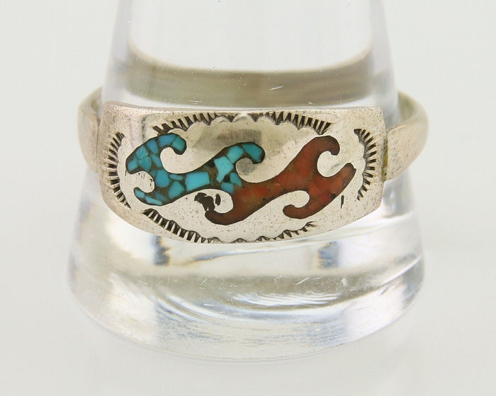 Men Navajo Wave Ring 925 Silver Coral & Turquoise Native Artist C.80's