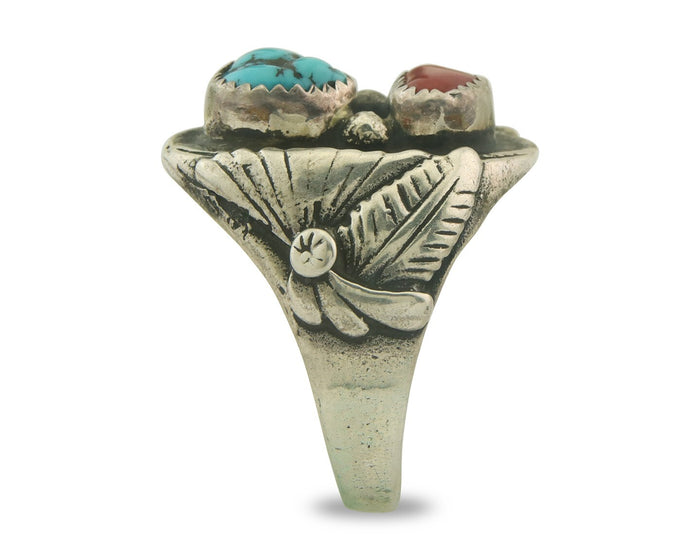 Men Vintage Navajo Ring 925 Sterling Turquoise & Coral Native Artist Size 12.5