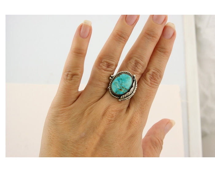 Mexican Handmade Ring 925 Sterling Natural Mined Turquoise C.80's Size 7.25+
