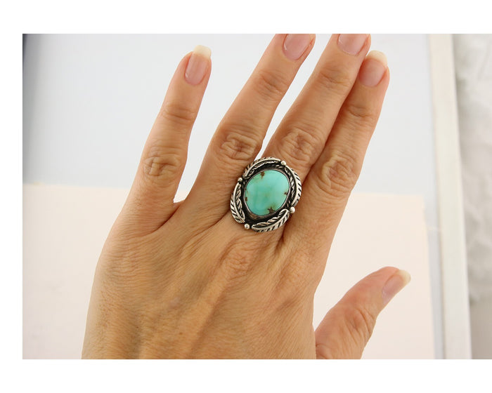 Mexican Handmade Ring 925 Sterling Natural Mined Turquoise C.80's Size 7.5