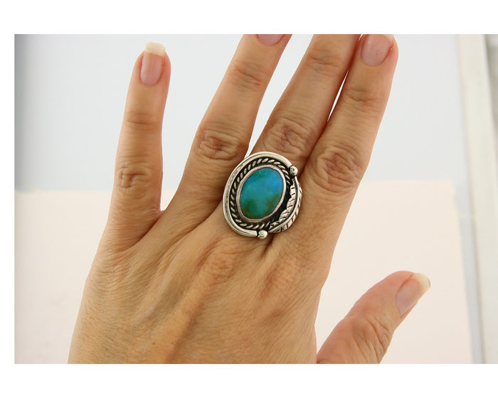 Mexican Handmade Ring 925 Sterling Natural Mined Turquoise C.80's Size 8.0