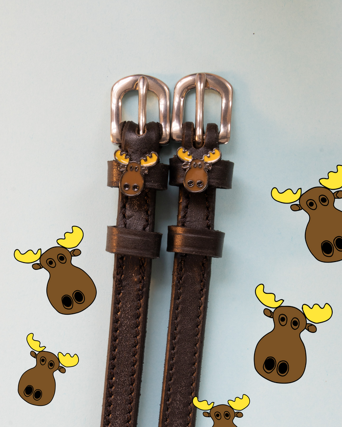 Dark brown moose spur straps on light blue with cartoon moose graphics