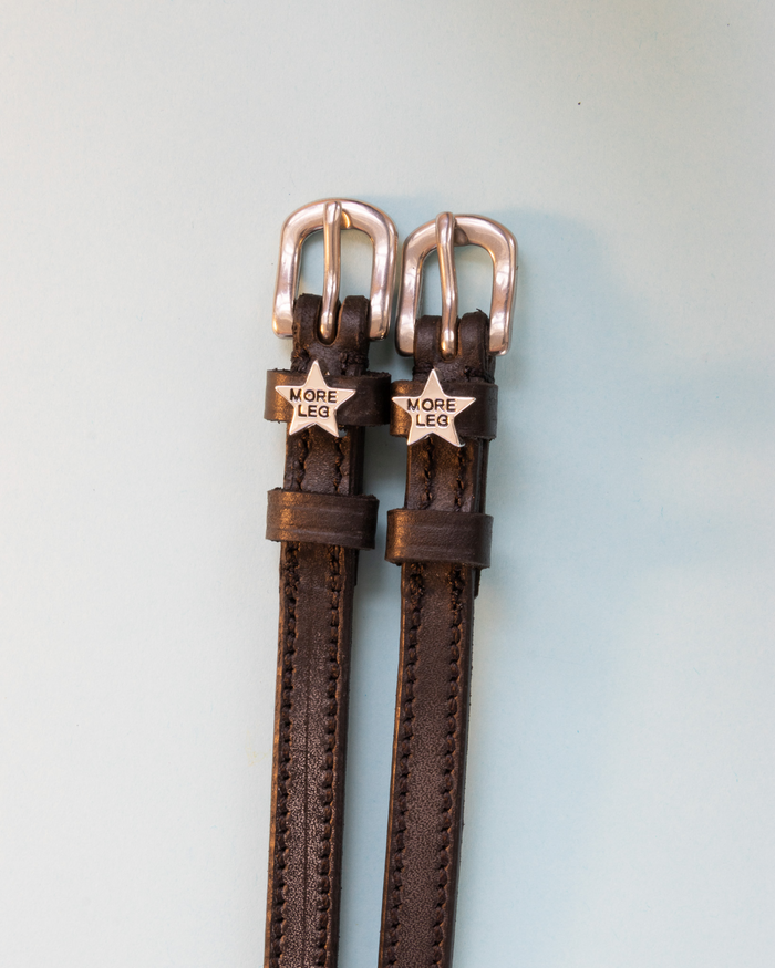 Dark brown leather MORE LEG star spur straps with rose gold buckles on mint
