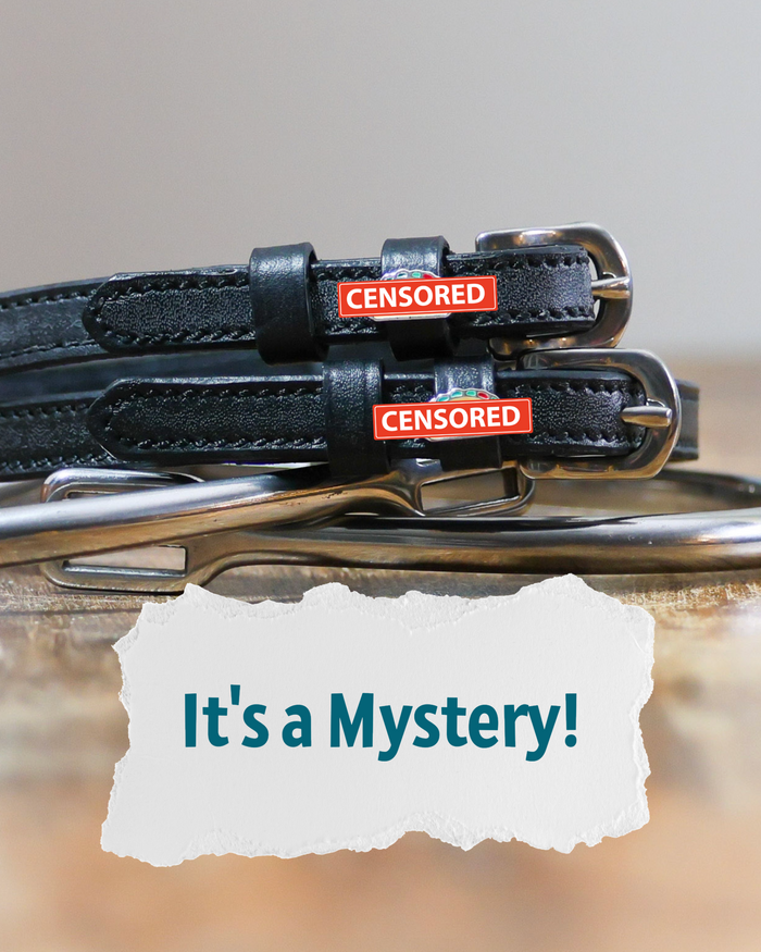 ManeJane Mystery spur straps with red CENSORED charms beside an It's a Mystery text card