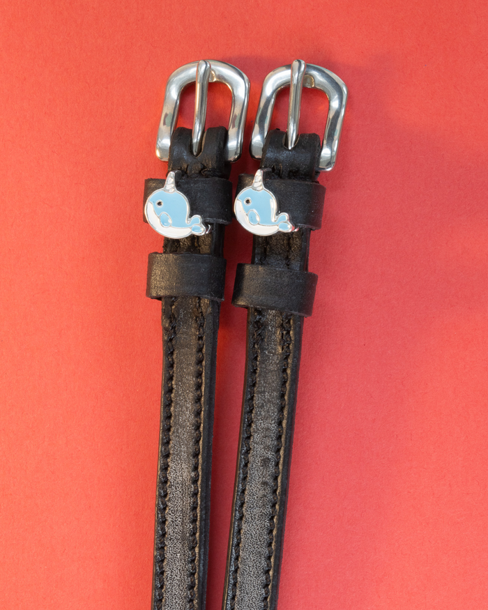 Pair of blue narwhal spur straps in black leather on a coral red background
