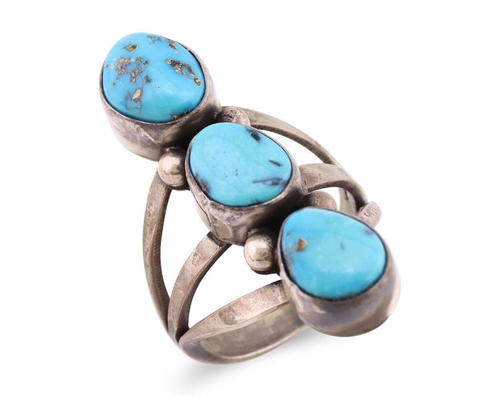 Navajo 3 Stone Ring 925 Silver Morenci Turquoise Native American Artist C.80's