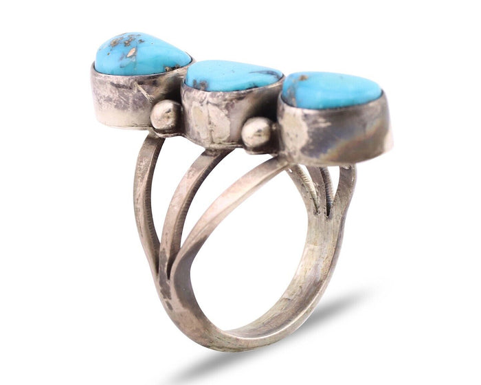 Navajo 3 Stone Ring 925 Silver Morenci Turquoise Native American Artist C.80's