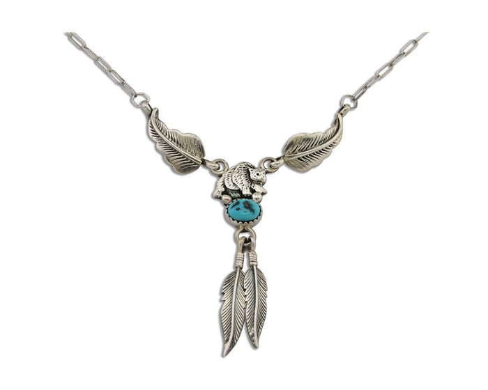 Navajo Bear Feather Leaf Necklace 925 Silver Native American Artist C.80's