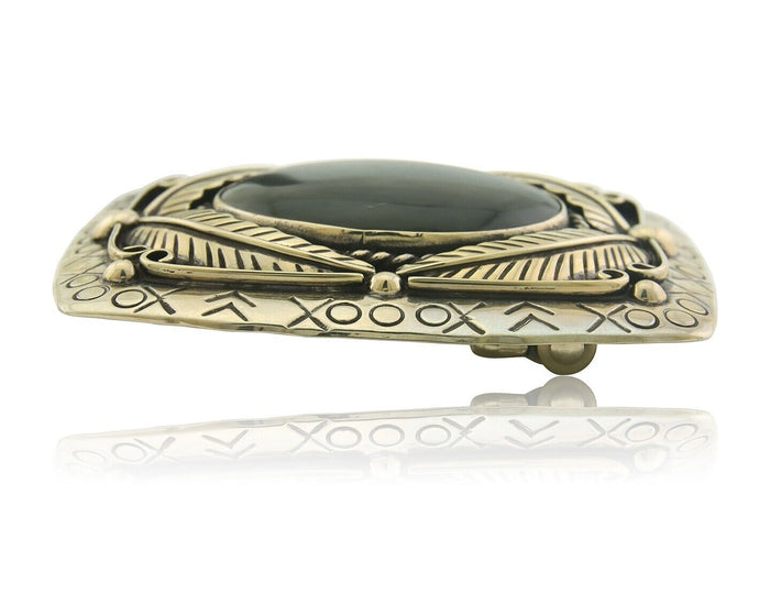 Navajo Belt Buckle .999 Nickel Agate Native Artist Handmade 2.5 x 3.0 in C.80s