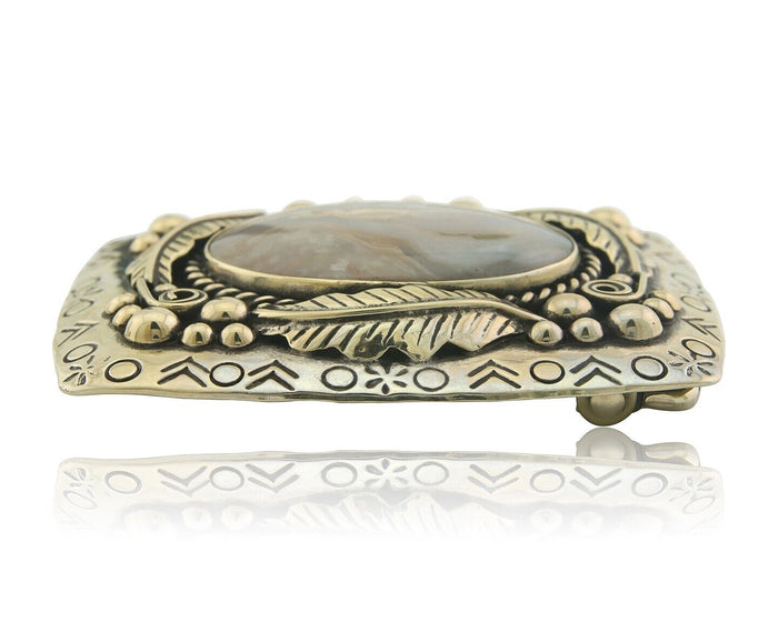 Navajo Belt Buckle .999 Nickel Agate Native Artist Handmade 2.5 x 3.0 in C.80s