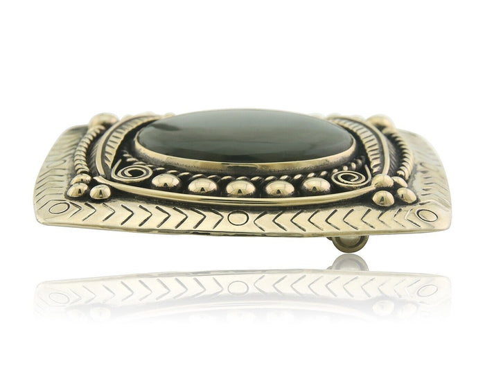 Navajo Belt Buckle .999 Nickel Agate Native Artist Handmade 2.5 x 3.0 in C.80s