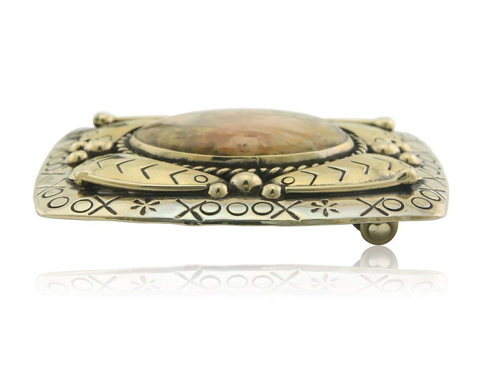 Navajo Belt Buckle .999 Nickel Agate Native Artist Handmade 2.5 x 3.0 in C.80s