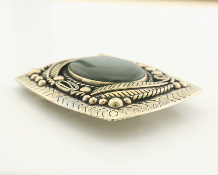 Navajo Belt Buckle .999 Nickel Agate Native Artist Handmade 2.5 x 3.0 in C.80s