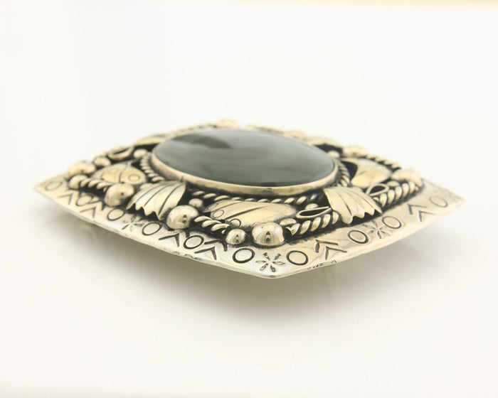 Navajo Belt Buckle .999 Nickel Agate Native Artist Handmade 2.5 x 3.0 in C.80s