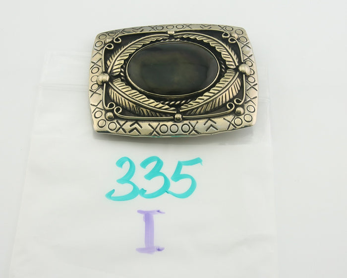 Navajo Belt Buckle .999 Nickel Agate Native Artist Handmade 2.5 x 3.0 in C.80s