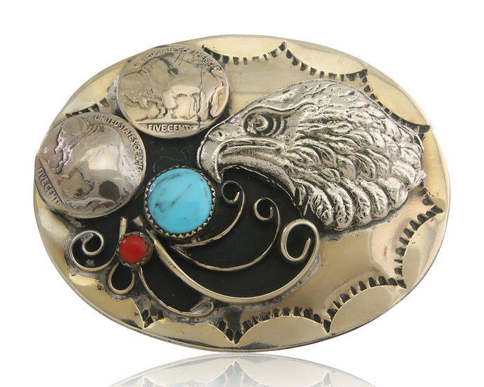 Navajo Belt Buckle .999 Nickel Buffalo Gemstone Handmade 2.35 x 3.0 in C.80's