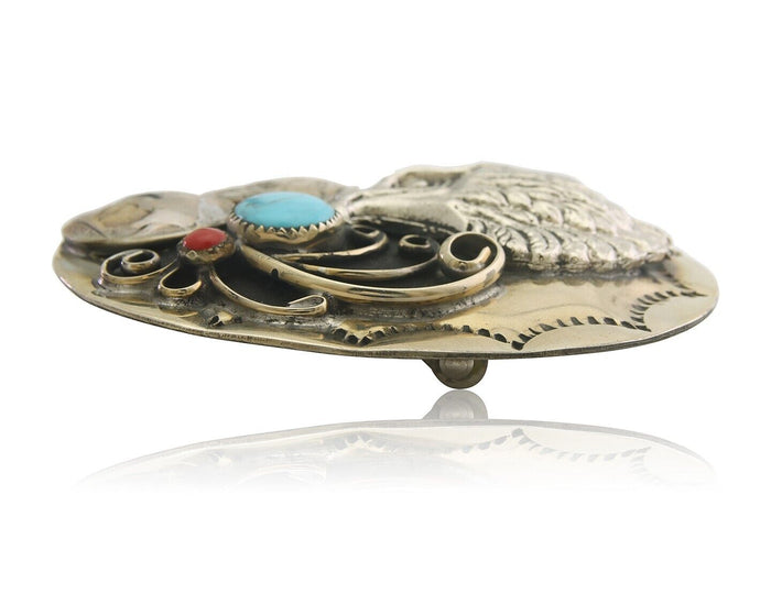 Navajo Belt Buckle .999 Nickel Buffalo Gemstone Handmade 2.35 x 3.0 in C.80's