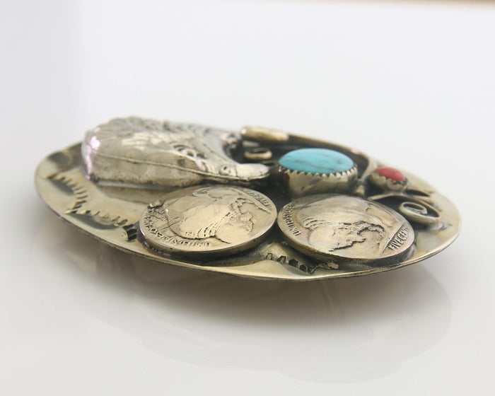 Navajo Belt Buckle .999 Nickel Buffalo Gemstone Handmade 2.35 x 3.0 in C.80's