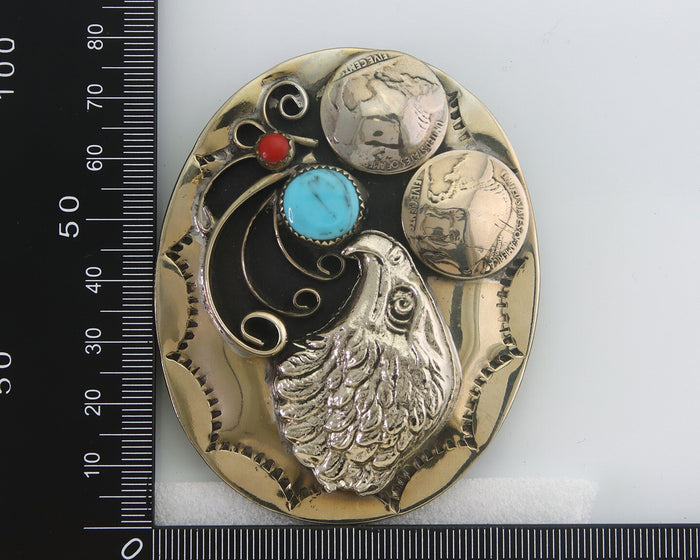 Navajo Belt Buckle .999 Nickel Buffalo Gemstone Handmade 2.35 x 3.0 in C.80's