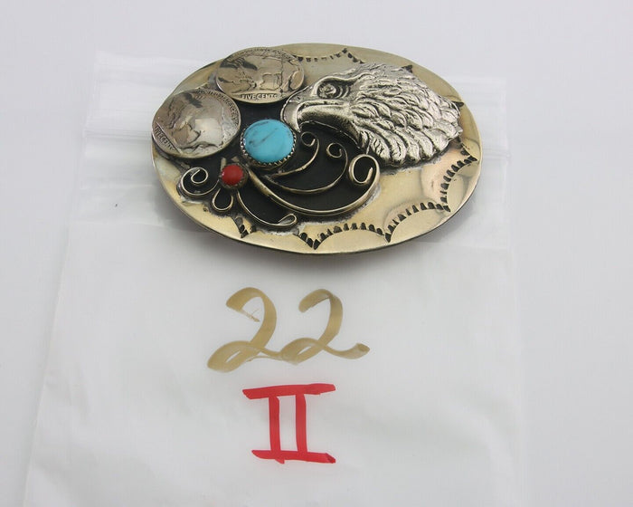 Navajo Belt Buckle .999 Nickel Buffalo Gemstone Handmade 2.35 x 3.0 in C.80's