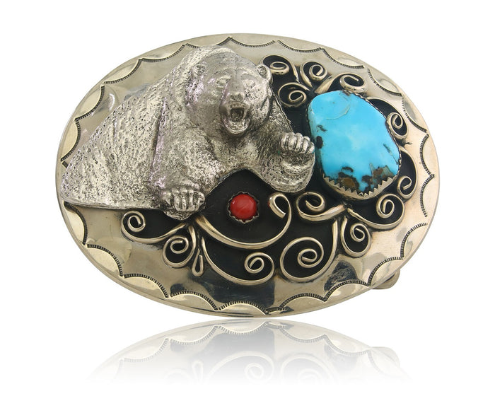 Navajo Belt Buckle .999 Nickel Buffalo Gemstone Handmade 2.5 x 3.0 in C.80's